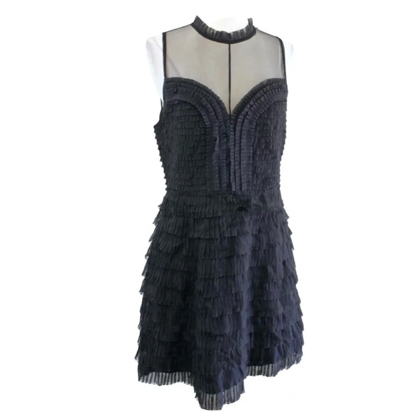 Free People Black Mesh Pleated Ruffle Tiered Mini Cocktail Party Dress Size 0 - Picture 4 of 12